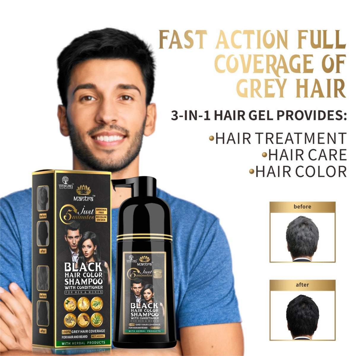 Mantra Rosemary Black Hair Color Shampoo - 3-in-1 Cleanse, Color & Condition