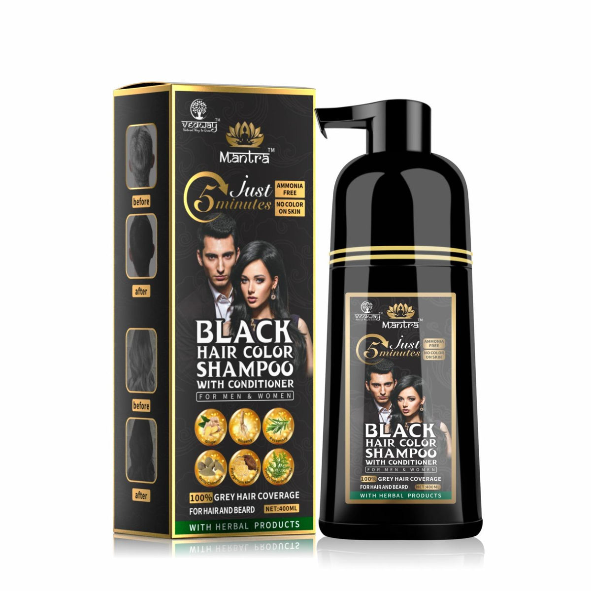 Mantra Rosemary Black Hair Color Shampoo - 3-in-1 Cleanse, Color & Condition