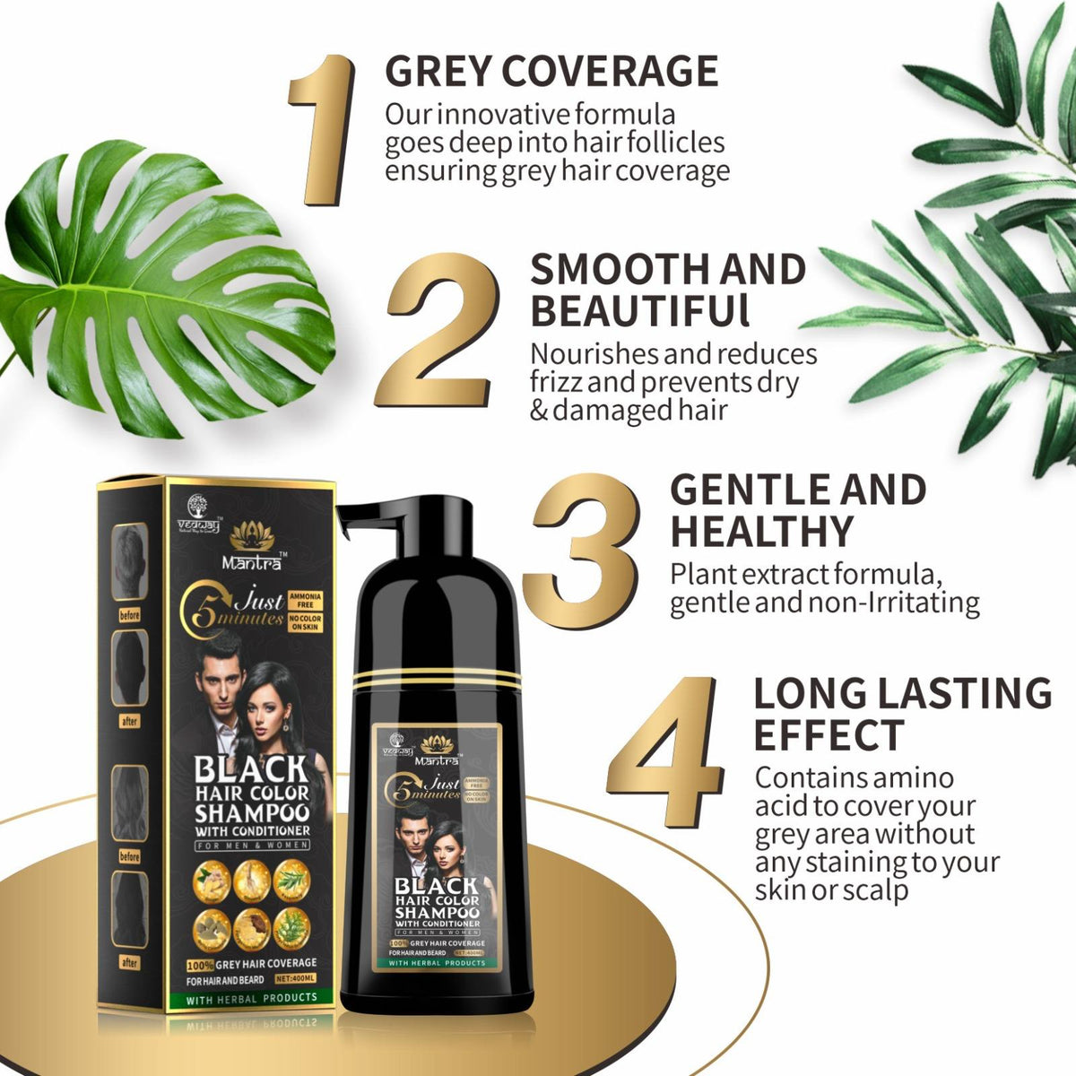 Mantra Rosemary Black Hair Color Shampoo - 3-in-1 Cleanse, Color & Condition