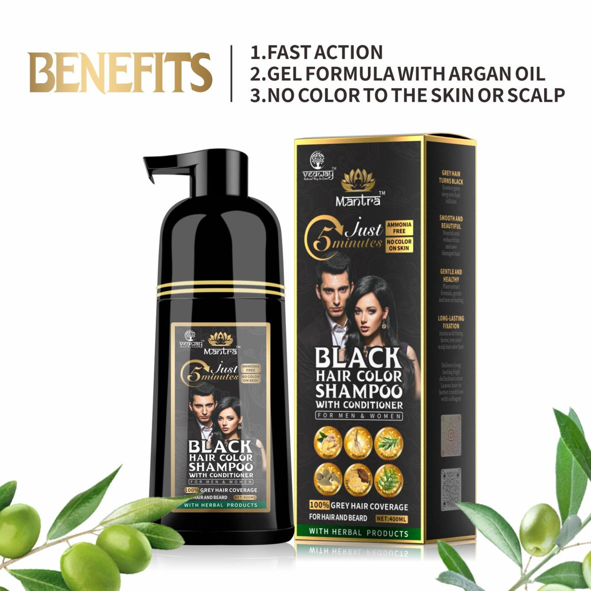 Mantra Rosemary Black Hair Color Shampoo - 3-in-1 Cleanse, Color & Condition