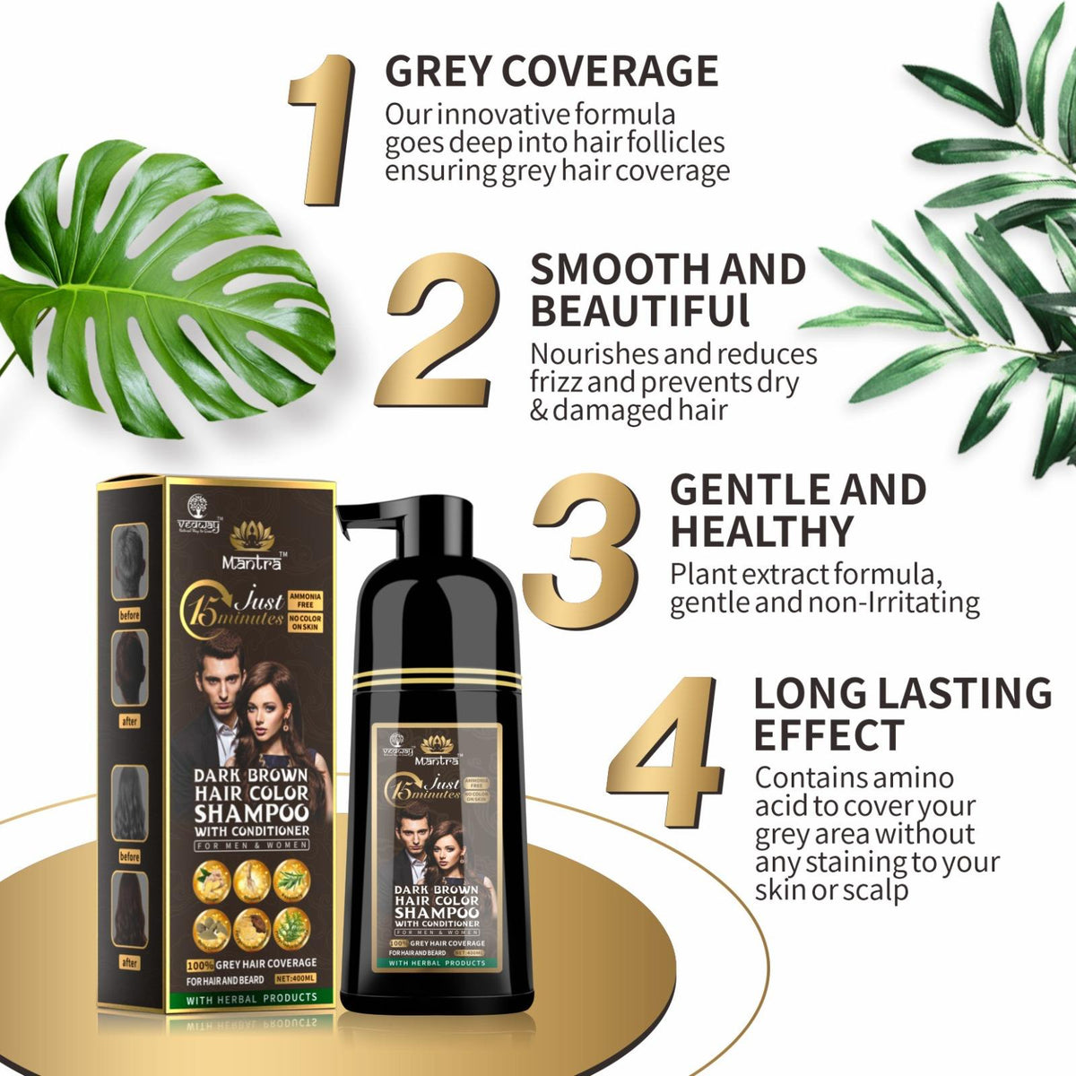 Mantra Rosemary Dark Brown Hair Color Shampoo - 3-in-1 Natural Gray Coverage