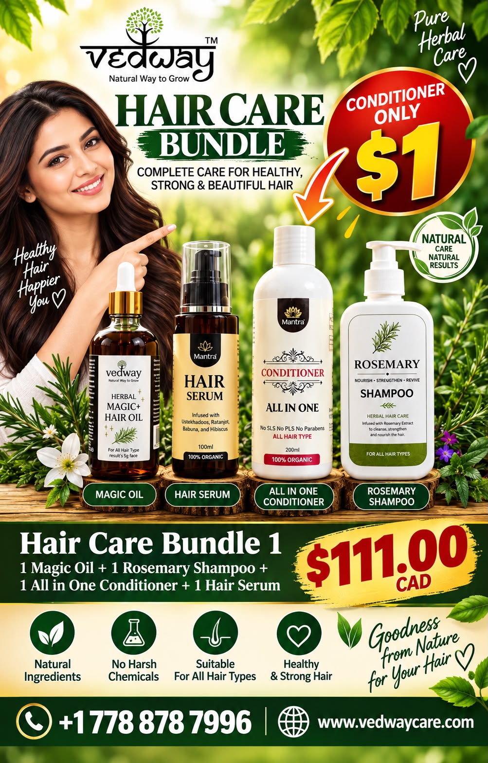 Hair Care Bundle 1 Magic oil + 1 rosemary Shampoo + 1 rosemary Conditioner + 1 hair serum