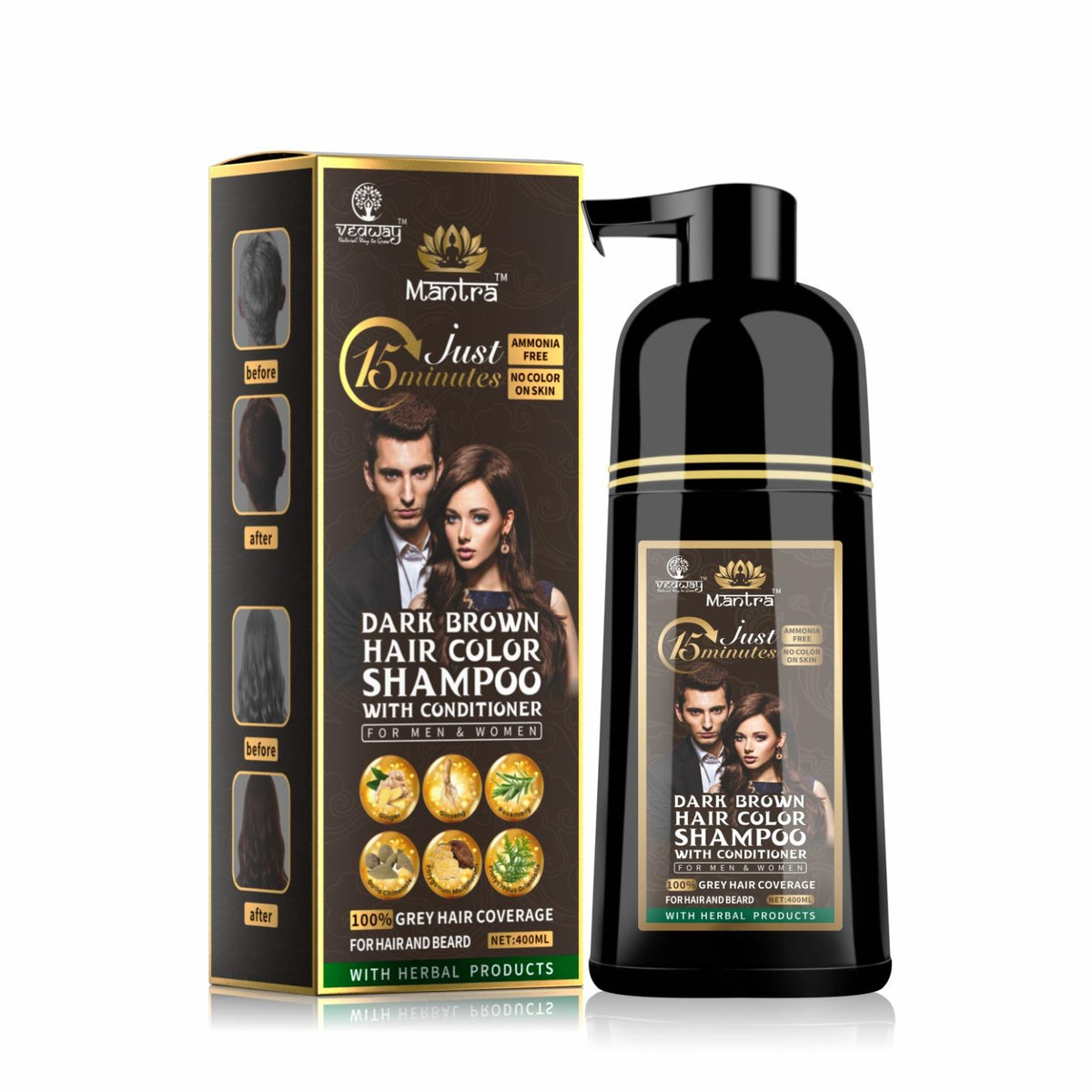 Mantra Rosemary Dark Brown Hair Color Shampoo - 3-in-1 Natural Gray Coverage
