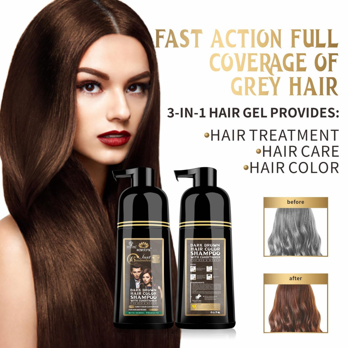 Mantra Rosemary Dark Brown Hair Color Shampoo - 3-in-1 Natural Gray Coverage