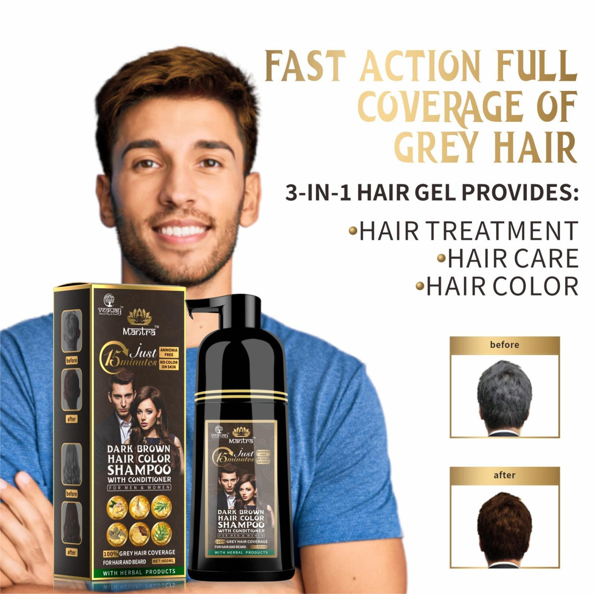 Mantra Rosemary Dark Brown Hair Color Shampoo - 3-in-1 Natural Gray Coverage