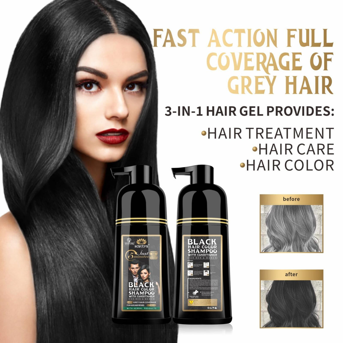 Mantra Rosemary Black Hair Color Shampoo - 3-in-1 Cleanse, Color & Condition
