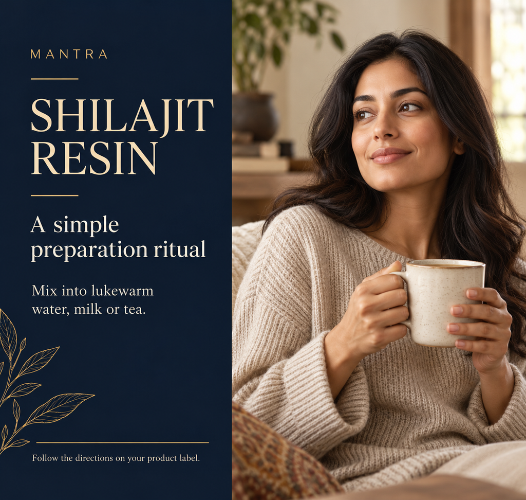 Mantra Shilajit Resin preparation guide beside a woman holding a mug: mix into lukewarm water, milk or tea and follow the product label.