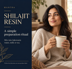 Mantra Shilajit Resin preparation guide beside a woman holding a mug: mix into lukewarm water, milk or tea and follow the product label.