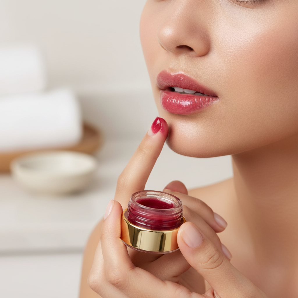 Model applying Cranberry Lip Balm