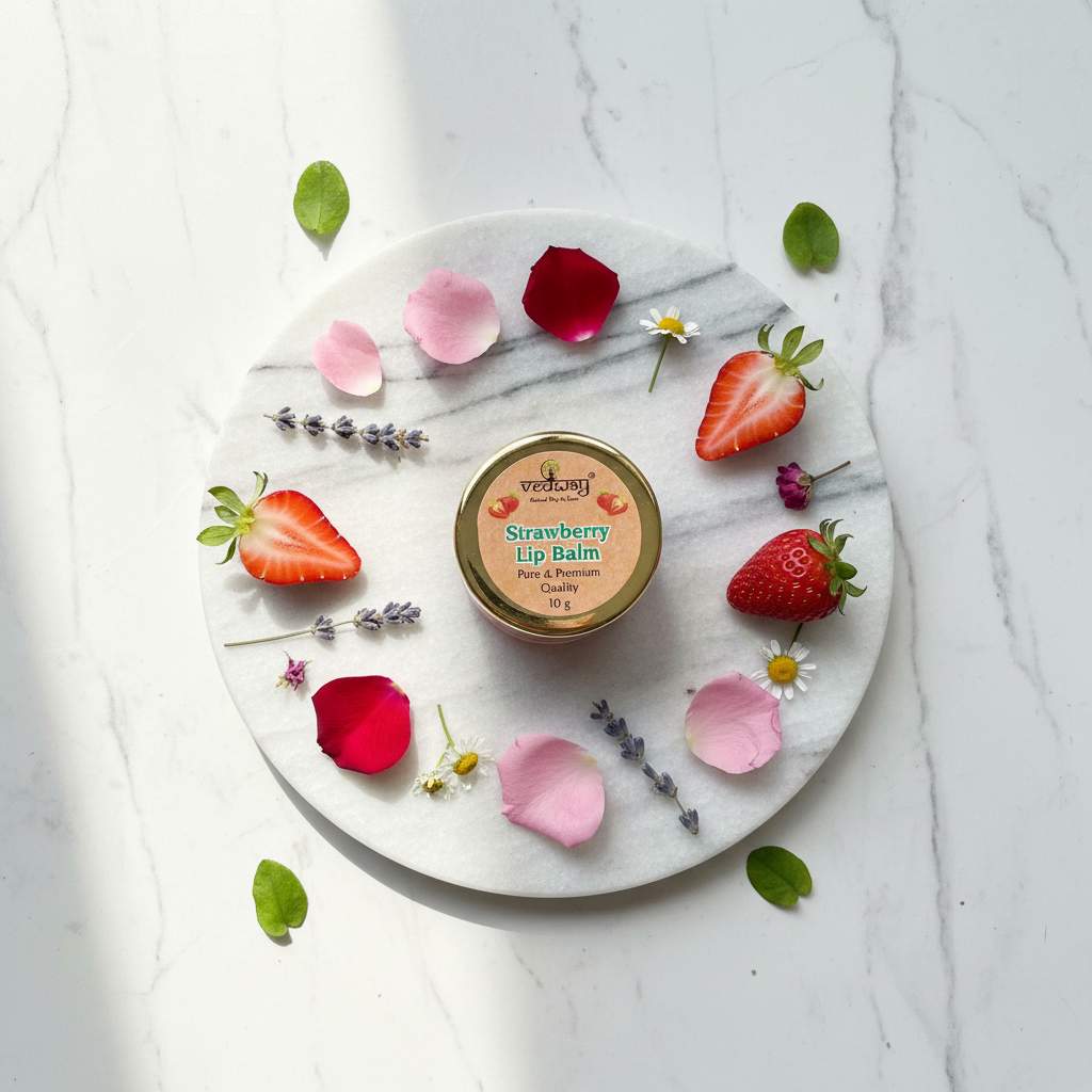 Overhead flat lay with strawberry slices and botanicals
