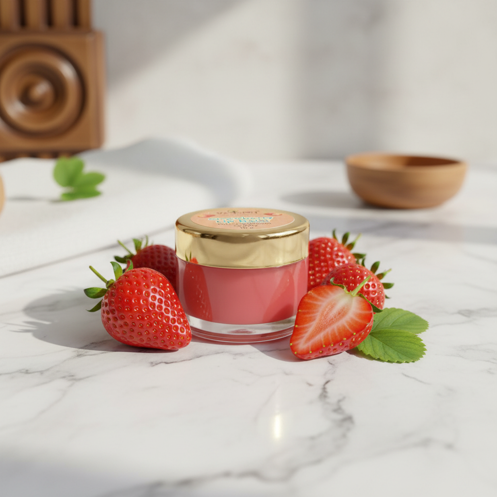 Strawberry Lip Balm on marble with fresh strawberries