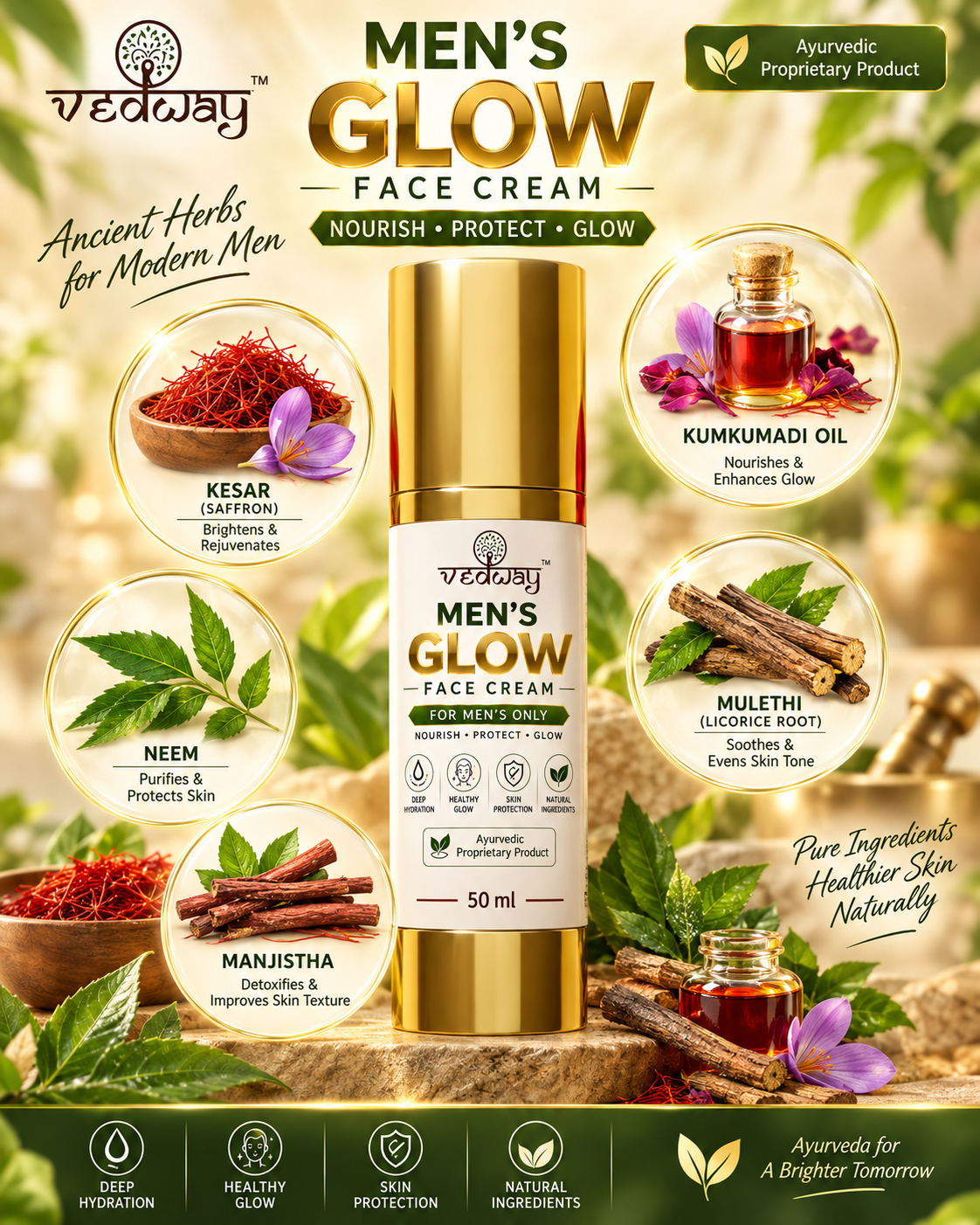Vedway Men's Glow Face Cream 50 ml gold tube with kesar (saffron), neem, kumkumadi oil, mulethi and manjistha
