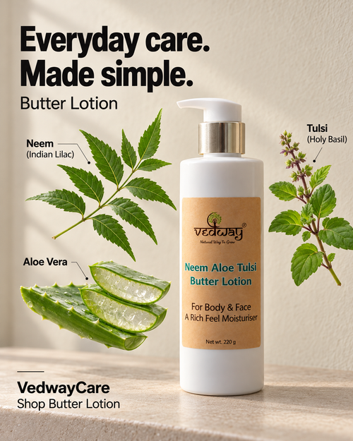 Vedway Neem Aloe Tulsi Butter Lotion 220 g pump bottle for body and face, shown with neem leaves, aloe vera and tulsi