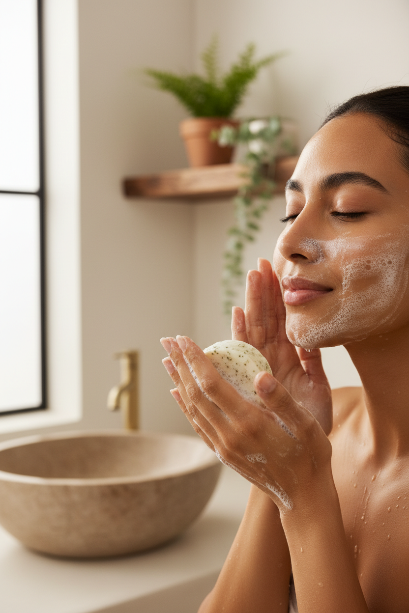Woman with Glowing Skin Using Natural Soap